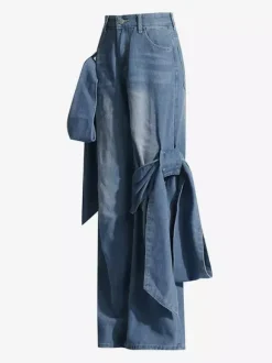 Jean large à n艙ud papillon pour femme - Bleu moyen style Y2K taille haute coupe baggy - Collection streetwear printemps 2026