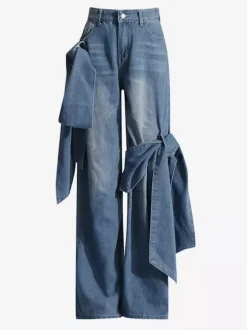 Jean large à n艙ud papillon pour femme - Bleu moyen style Y2K taille haute coupe baggy - Collection streetwear printemps 2026