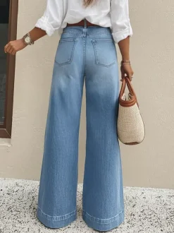 Jean palazzo à jambes larges pour femme - Denim bleu clair rétro taille haute minimaliste évasé - Tenues de vacances d'été 2026