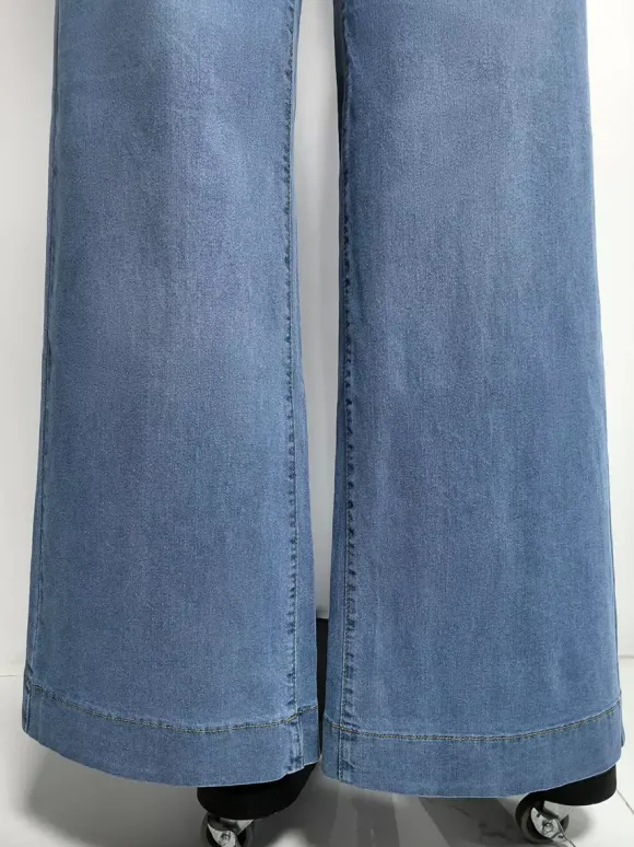 Jean palazzo à jambes larges pour femme - Denim bleu clair rétro taille haute minimaliste évasé - Tenues de vacances d'été 2026