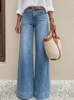 Jean palazzo à jambes larges pour femme - Denim bleu clair rétro taille haute minimaliste évasé - Tenues de vacances d'été 2026