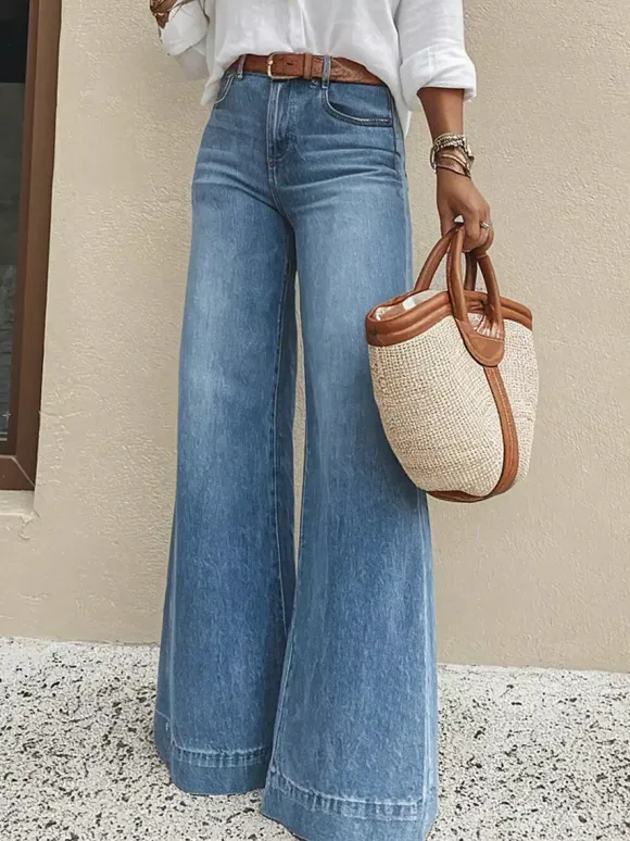 Jean palazzo à jambes larges pour femme - Denim bleu clair rétro taille haute minimaliste évasé - Tenues de vacances d'été 2026