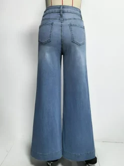 Jean palazzo à jambes larges pour femme - Denim bleu clair rétro taille haute minimaliste évasé - Tenues de vacances d'été 2026