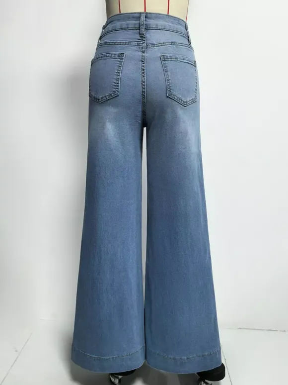 Jean palazzo à jambes larges pour femme - Denim bleu clair rétro taille haute minimaliste évasé - Tenues de vacances d'été 2026