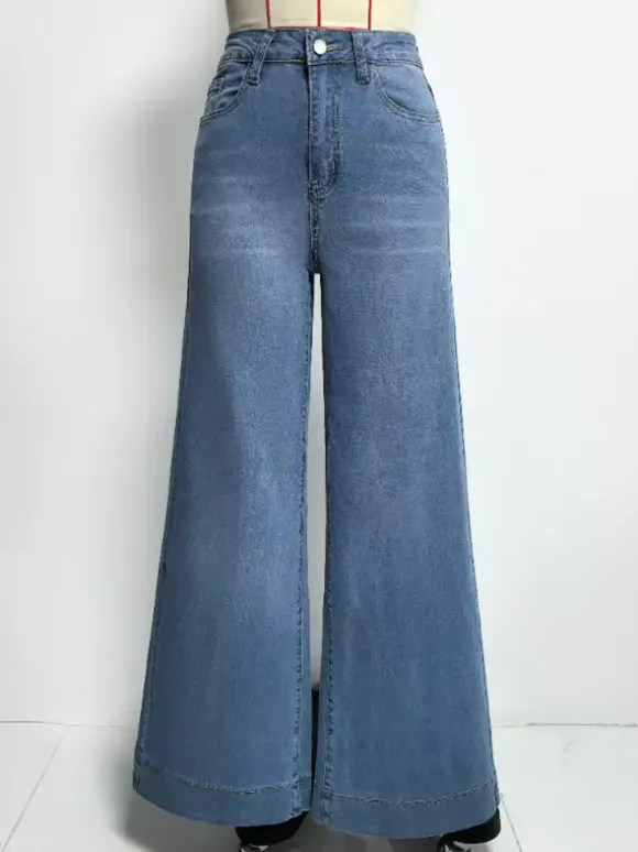 Jean palazzo à jambes larges pour femme - Denim bleu clair rétro taille haute minimaliste évasé - Tenues de vacances d'été 2026