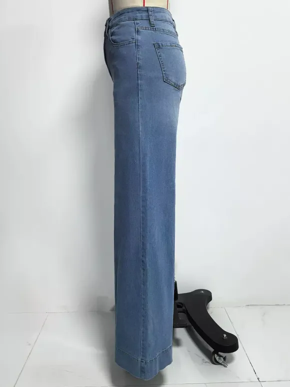 Jean palazzo à jambes larges pour femme - Denim bleu clair rétro taille haute minimaliste évasé - Tenues de vacances d'été 2026