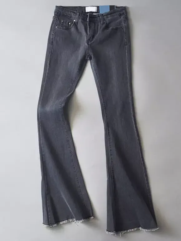Jean Pantalons en Denim Bas Evasée à Zip avec Poches Unicolore