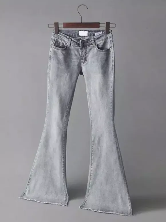 Jean Pantalons en Denim Bas Evasée à Zip avec Poches Unicolore