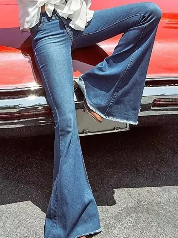 Jean Pantalons en Denim Bas Evasée à Zip avec Poches Unicolore