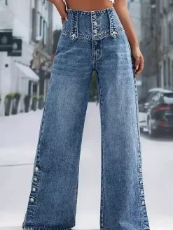 Jeans femme larges sexy en coton décontractés à boutons