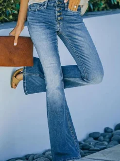 Jeans Pour Femme Boutons Décontractés Jeans En Coton Pantalon À Pattes D'éléphant