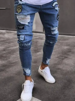 Jeans pour hommes Jeans pour hommes Chic en détresse Design antique Skinny Light Blue Sky Deep Blue