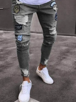 Jeans pour hommes Jeans pour hommes Chic en détresse Design antique Skinny Light Blue Sky Deep Blue