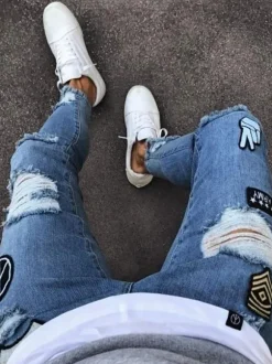 Jeans pour hommes Jeans pour hommes Chic en détresse Design antique Skinny Light Blue Sky Deep Blue