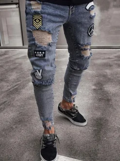 Jeans pour hommes Jeans pour hommes Chic en détresse Design antique Skinny Light Blue Sky Deep Blue