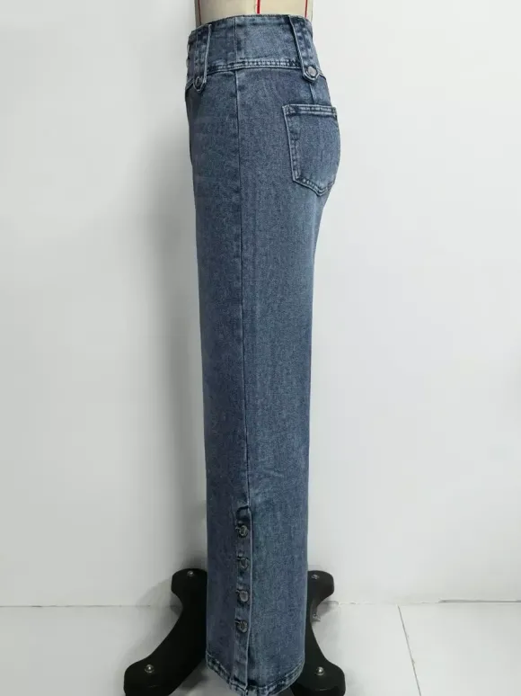 Jean taille haute à jambes larges pour femme - Pantalon en denim bleu moyen vintage à boutons latéraux et coupe décontractée - Style streetwear chic printemps 2026