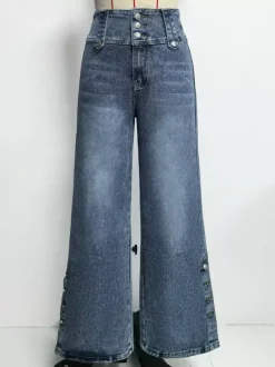 Jean taille haute à jambes larges pour femme - Pantalon en denim bleu moyen vintage à boutons latéraux et coupe décontractée - Style streetwear chic printemps 2026