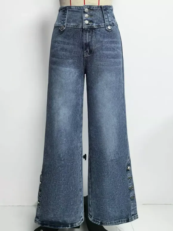 Jean taille haute à jambes larges pour femme - Pantalon en denim bleu moyen vintage à boutons latéraux et coupe décontractée - Style streetwear chic printemps 2026