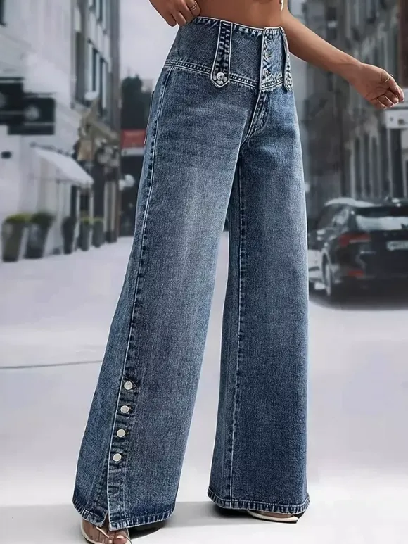 Jean taille haute à jambes larges pour femme - Pantalon en denim bleu moyen vintage à boutons latéraux et coupe décontractée - Style streetwear chic printemps 2026