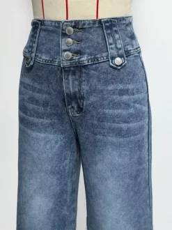 Jean taille haute à jambes larges pour femme - Pantalon en denim bleu moyen vintage à boutons latéraux et coupe décontractée - Style streetwear chic printemps 2026