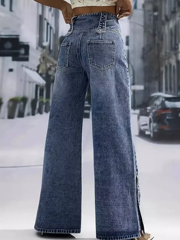 Jean taille haute à jambes larges pour femme - Pantalon en denim bleu moyen vintage à boutons latéraux et coupe décontractée - Style streetwear chic printemps 2026