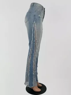 Jean évasé à effet usé et effiloché pour femme - Denim bootcut sexy délavé bleu clair - Tenue de soirée printanière 2026