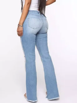 Jean évasé à effet usé et effiloché pour femme - Denim bootcut sexy délavé bleu clair - Tenue de soirée printanière 2026