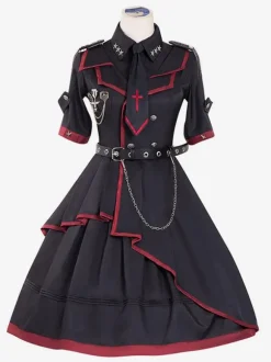 JoJo's Bizarre Adventure Queen Bite the Dust Robe gothique militaire Lolita OP Ensemble 3 pièces Rivet à chaîne noire