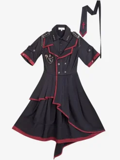 JoJo's Bizarre Adventure Queen Bite the Dust Robe gothique militaire Lolita OP Ensemble 3 pièces Rivet à chaîne noire