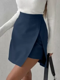Jupe bleu marine foncé taille haute fendue superposition jupes décontractées d'été