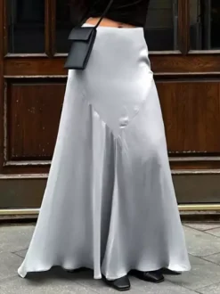 Jupe en satin gris avec fente taille haute couleur unie jupe longue d'été trapèze pour femme 2026