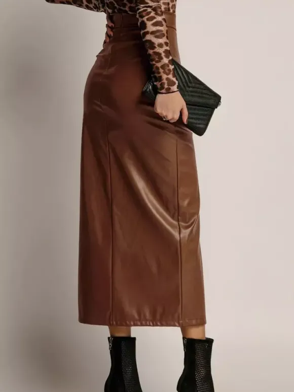 Jupe en similicuir avec fente latérale taille haute couleur unie jupe mi-longue chic en PU pour femme 2026