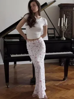 Jupe longue à imprimé floral pour femme - Style cottagecore taille basse coupe ajustée - Idéale pour un pique-nique d'été décontracté (collection 2026)