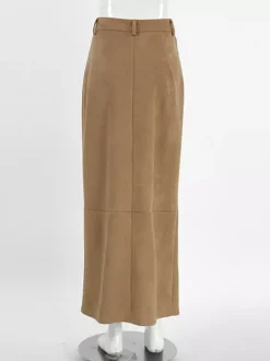 Jupe longue en faux daim pour femme - Chic fendue sur le devant taille haute - Collection streetwear printemps 2026 luxe discret