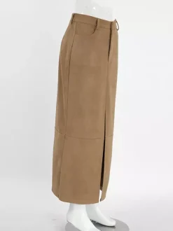 Jupe longue en faux daim pour femme - Chic fendue sur le devant taille haute - Collection streetwear printemps 2026 luxe discret
