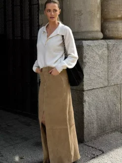 Jupe longue en faux daim pour femme - Chic fendue sur le devant taille haute - Collection streetwear printemps 2026 luxe discret