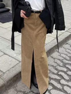 Jupe longue en faux daim pour femme - Chic fendue sur le devant taille haute - Collection streetwear printemps 2026 luxe discret