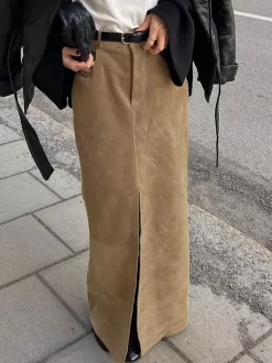 Jupe longue en faux daim pour femme - Chic fendue sur le devant taille haute - Collection streetwear printemps 2026 luxe discret