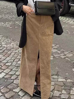 Jupe longue en faux daim pour femme - Chic fendue sur le devant taille haute - Collection streetwear printemps 2026 luxe discret