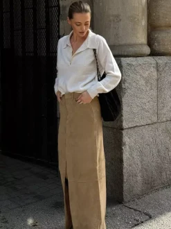 Jupe longue en faux daim pour femme - Chic fendue sur le devant taille haute - Collection streetwear printemps 2026 luxe discret