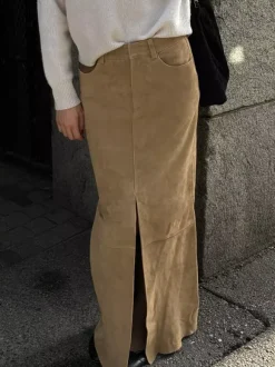 Jupe longue en faux daim pour femme - Chic fendue sur le devant taille haute - Collection streetwear printemps 2026 luxe discret