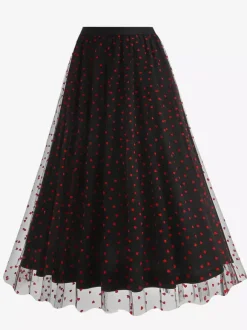 Jupe longue élégante en tulle à motif c艙ur pour femme - Jupe longue trapèze taille haute en maille vaporeuse - Tenue de soirée printemps-été 2026