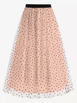 Jupe longue élégante en tulle à motif c艙ur pour femme - Jupe longue trapèze taille haute en maille vaporeuse - Tenue de soirée printemps-été 2026