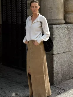 Jupe maxi vintage kaki en faux daim fente sur le devant taille haute