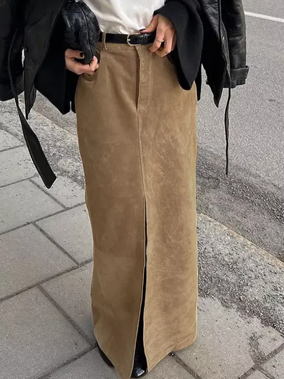 Jupe maxi vintage kaki en faux daim fente sur le devant taille haute