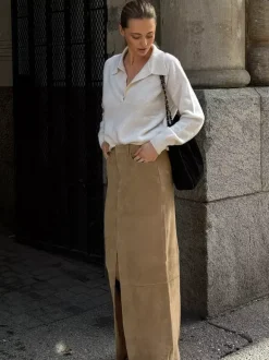 Jupe maxi vintage kaki en faux daim fente sur le devant taille haute