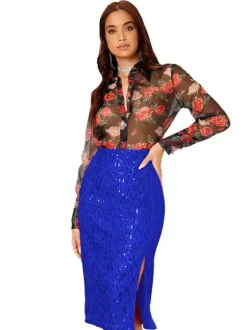Jupe midi moulante à sequins taille haute pour femme fente avant jupe crayon de soirée