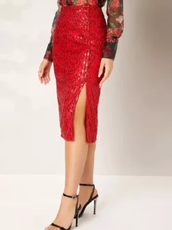 Jupe midi moulante à sequins taille haute pour femme fente avant jupe crayon de soirée