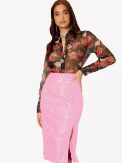 Jupe midi moulante à sequins taille haute pour femme fente avant jupe crayon de soirée