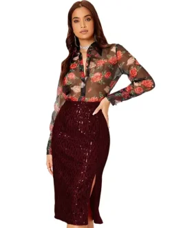 Jupe midi moulante à sequins taille haute pour femme fente avant jupe crayon de soirée